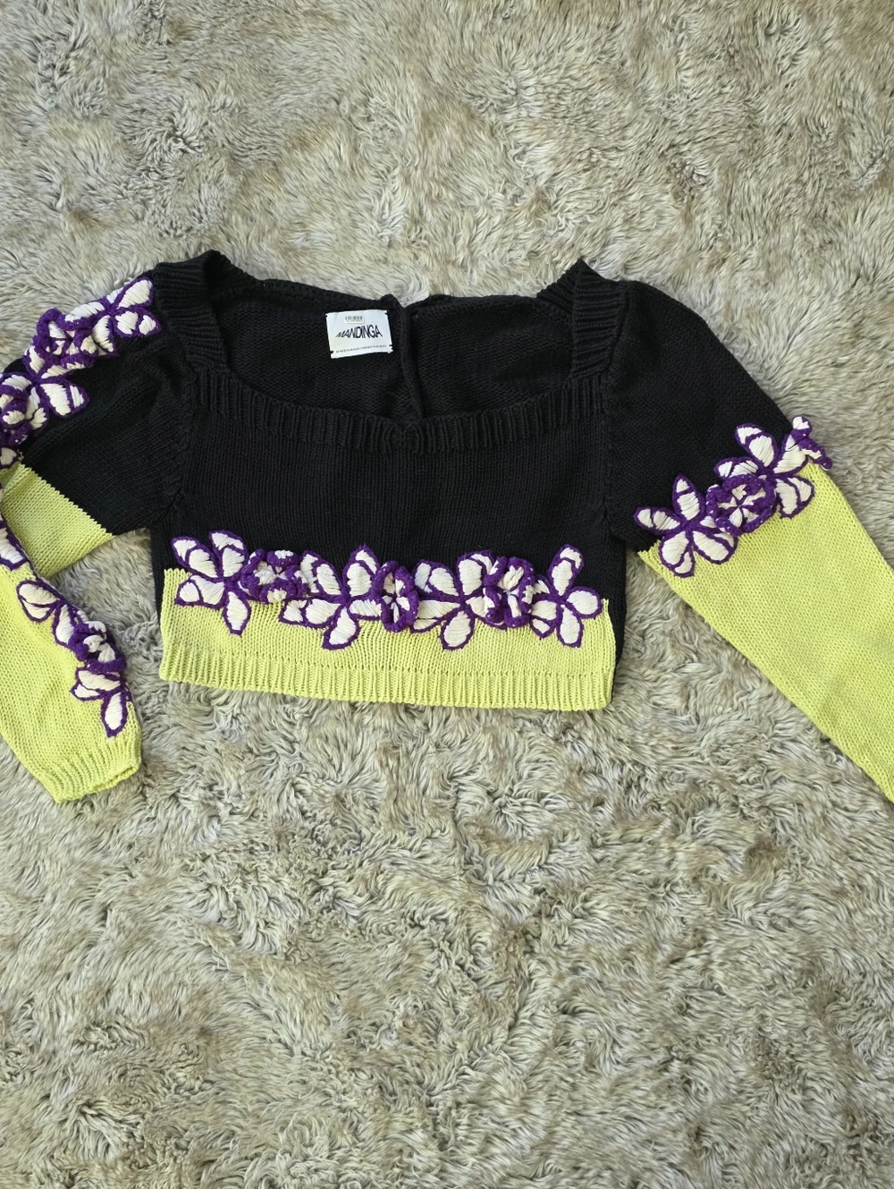 Mandinga Rose Crop Top Black And Lime Green Knit With‎ White And Purple Floral